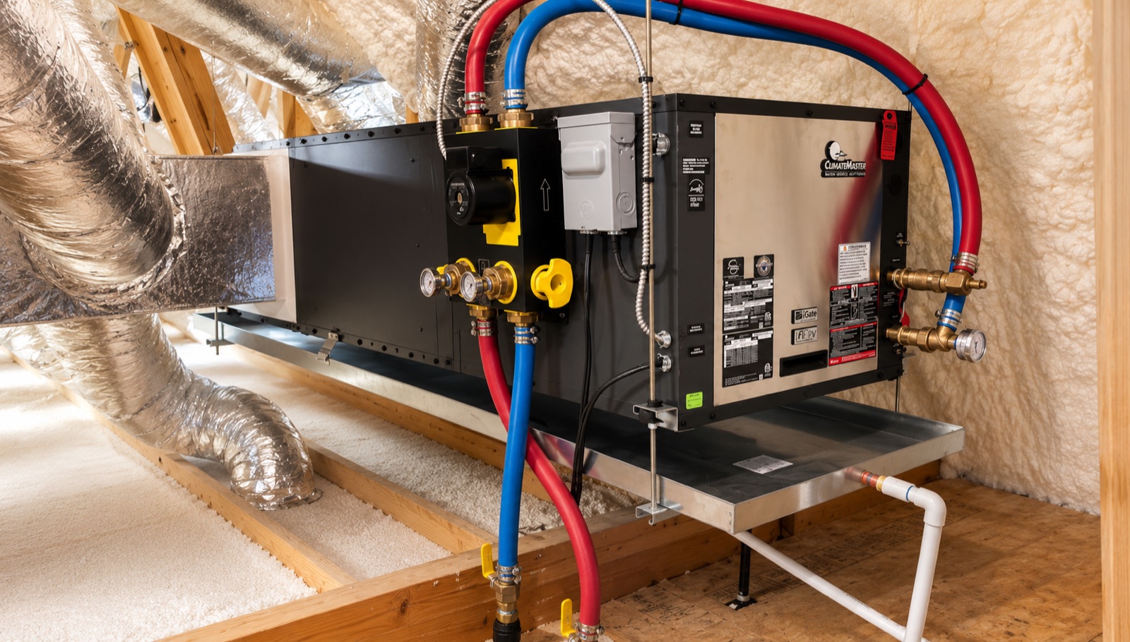Geothermal air handler and insulated ductwork installed in a spray-foamed attic during a Plano home retrofit
