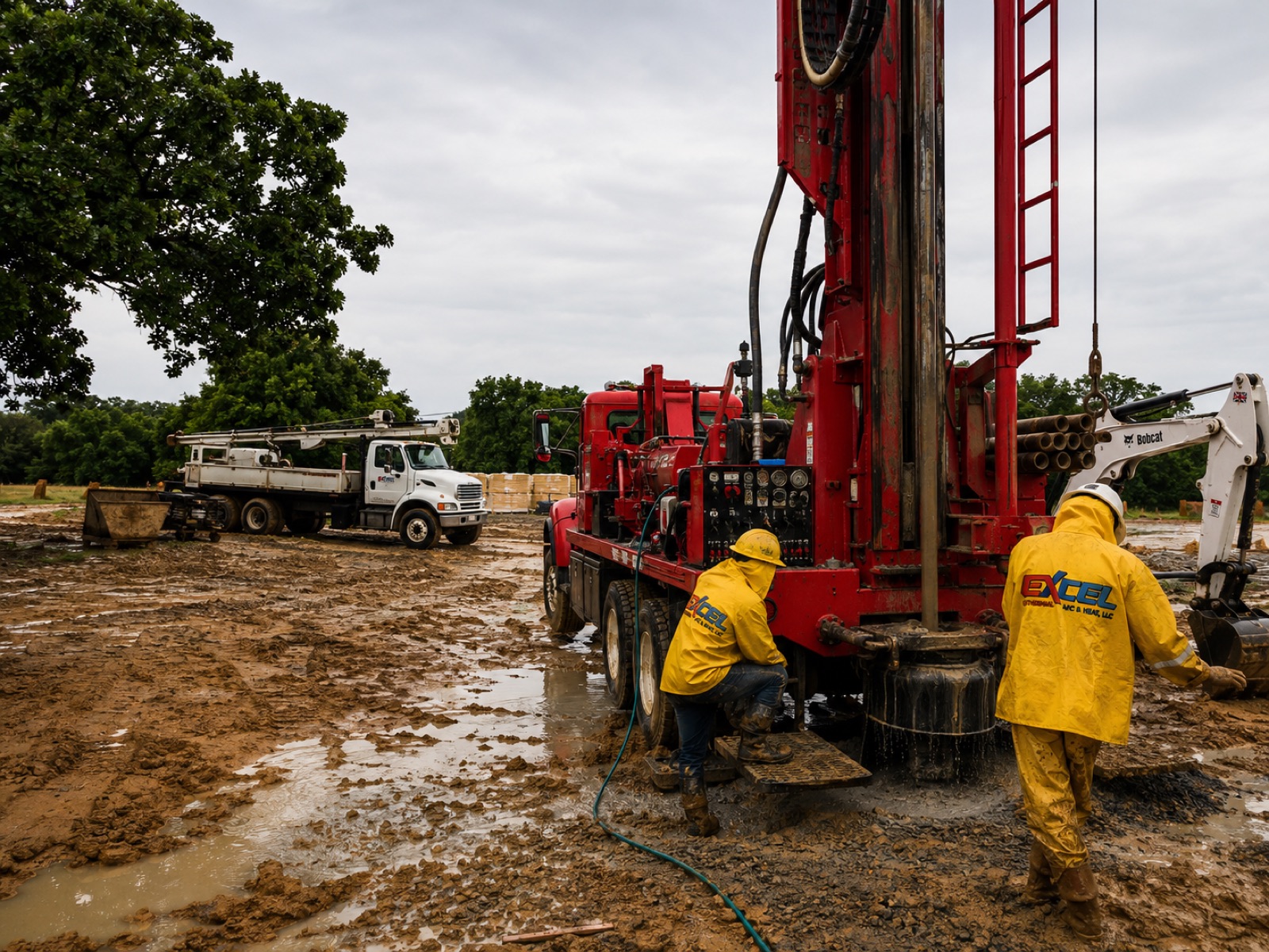 Excel drilling team boring vertical geothermal wells with the rig mast raised