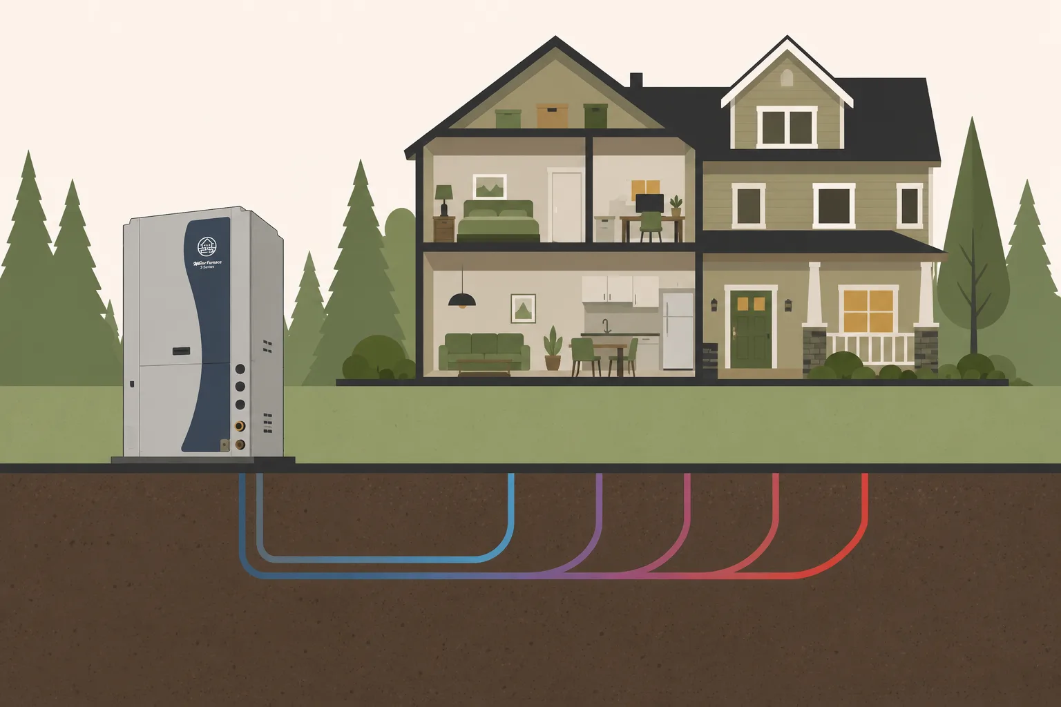 Cutaway illustration of a home with a WaterFurnace geothermal heat pump connected to an underground ground loop, with warm and cool fluid circulating between the house and the earth.