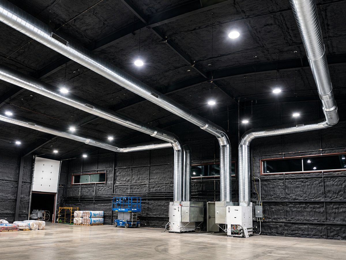 Main geothermal units at Home Run Alley with spiral duct runs overhead and spray-foamed walls