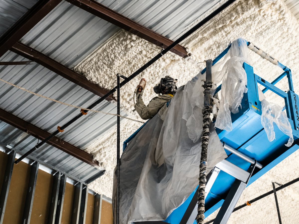Excel crew member spraying closed-cell foam from a lift across the Home Run Alley building envelope