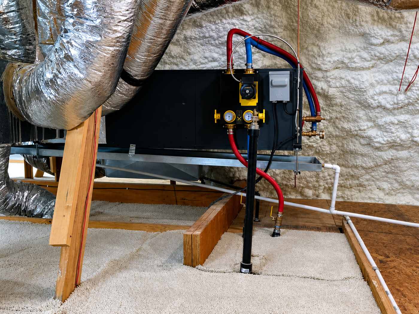 Horizontal geothermal heat pump unit mounted in a spray-foam insulated attic, with loop pumps, gauges, and supply lines