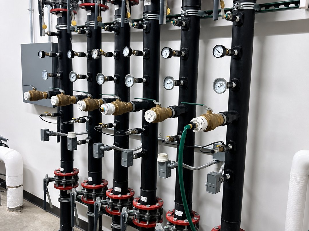 Commercial geothermal loop manifold wall with gauges, valves, and flanged risers plumbed by Excel Geothermal
