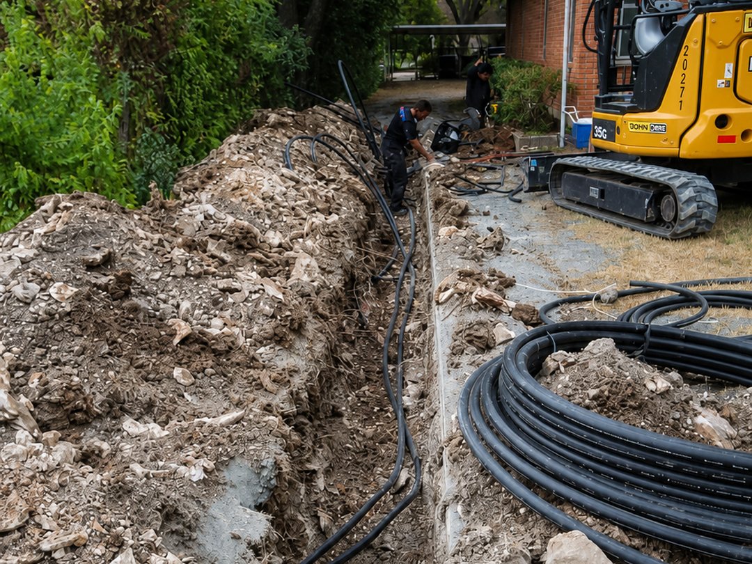 Excel crew connecting geothermal loop piping in a trench along the fence line of a North Dallas home, coiled loop pipe and mini excavator on site