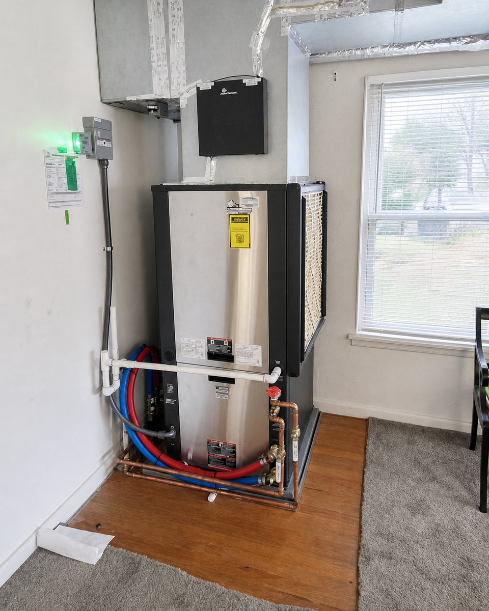 Completed WaterFurnace geothermal heat pump installation in a Dallas-area home with copper piping and sealed ductwork