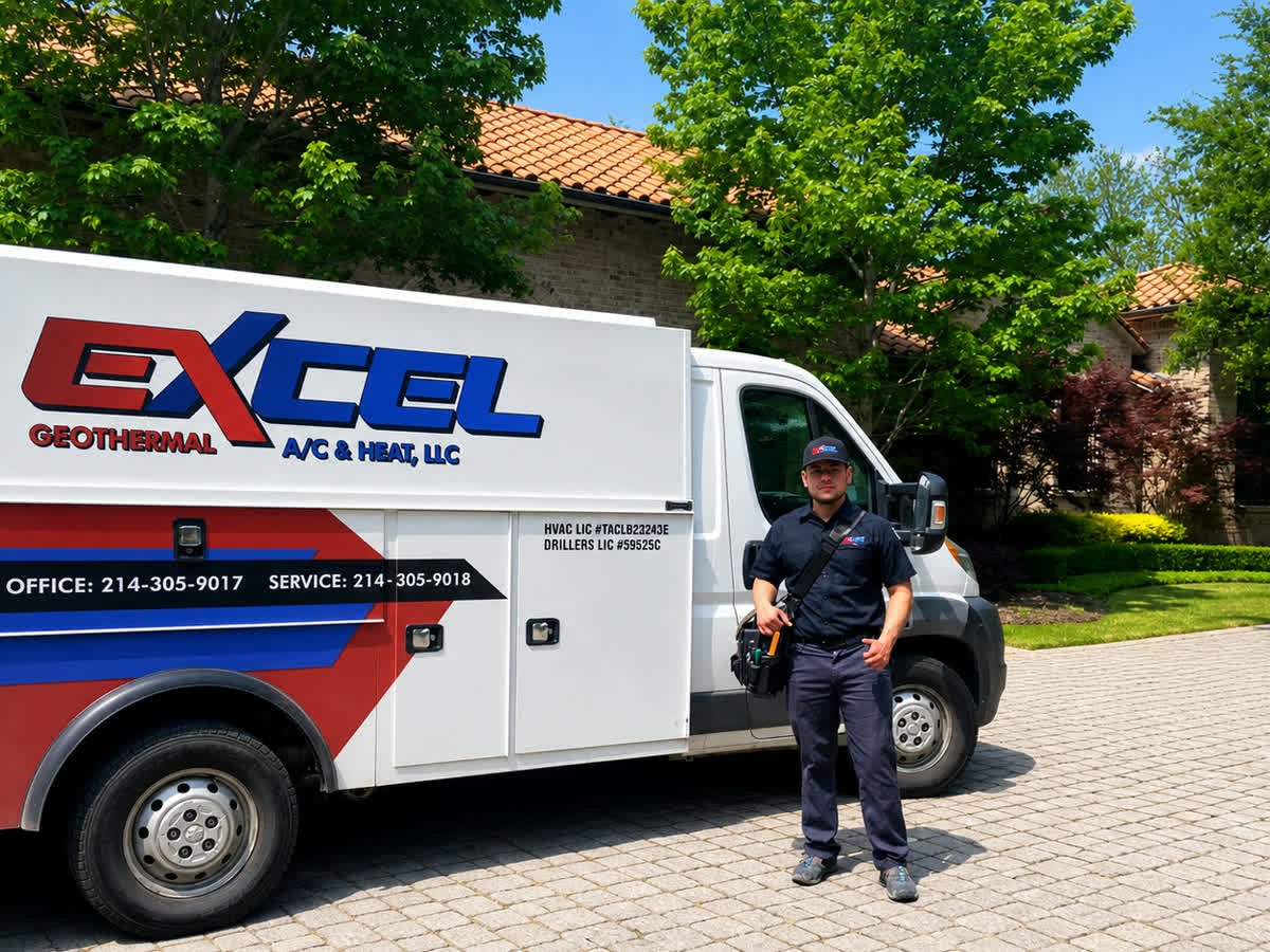 Isai, lead service technician at Excel Geothermal, standing beside the lettered Excel service van in a Dallas driveway